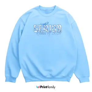 Senior Year 2026 Sweatshirt – Cute Coquette Bow Blue Crewneck, Toile Floral Graduation Pullover, Cozy Unisex Senior Year Shirt, Gift For Students