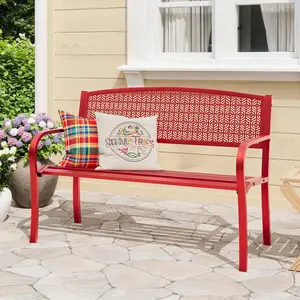 50 Inch Metal Garden Bench with Decorative Curved Backrest, Heavy Duty Steel Patio Bench for All Weather, 3-Person Outdoor Park Seat for Porch, Yard and Deck umbrella hole
