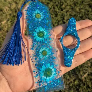 Bookmark and Book Holder Set Blue Sparkle and Blue flower with Blue Tassel - Decorative Reading Accessories