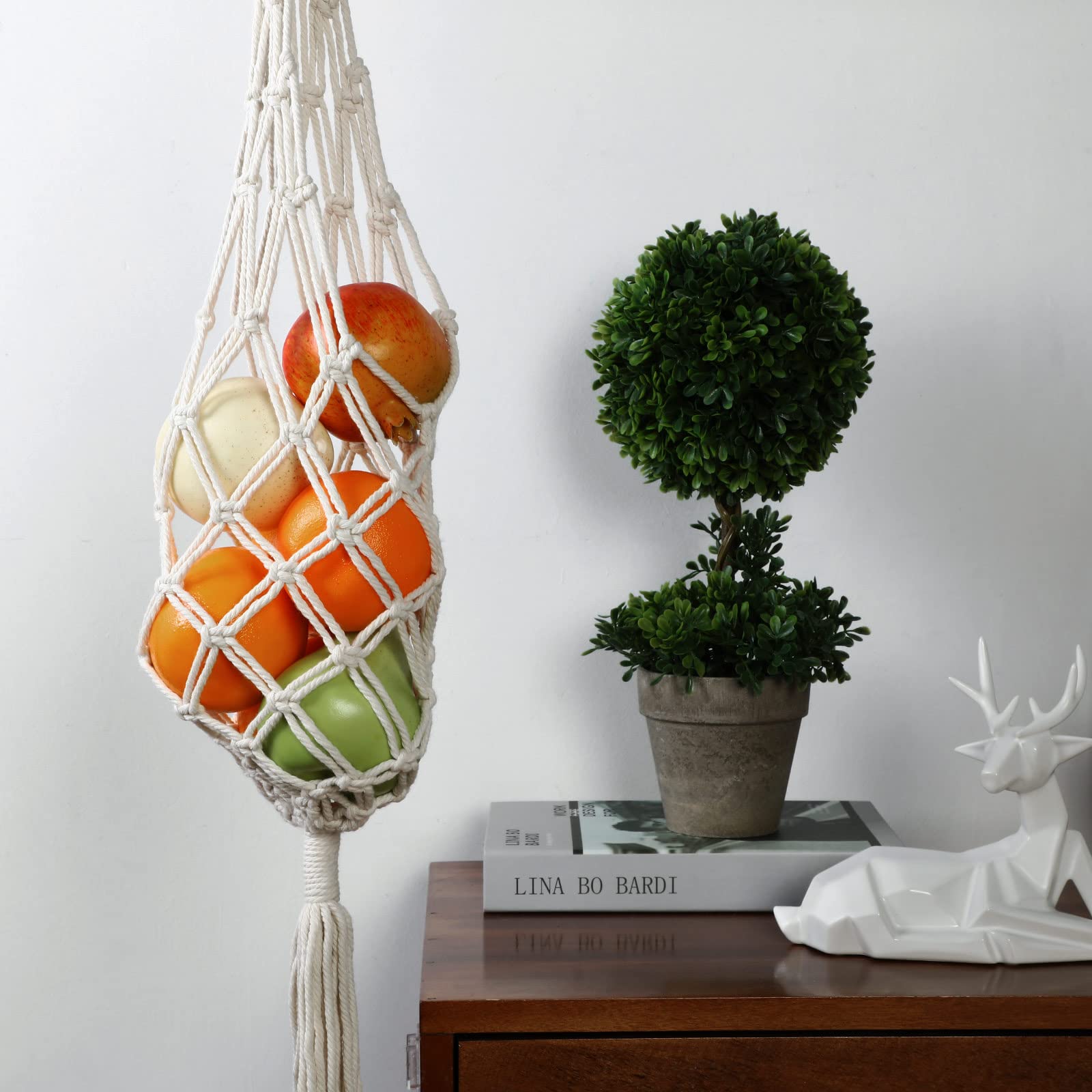 2 Pieces Macrame Hanging Fruit Basket for Potato Onion Storage, Boho Decor for Kitchen, Breathable Vegetable Storage Basket