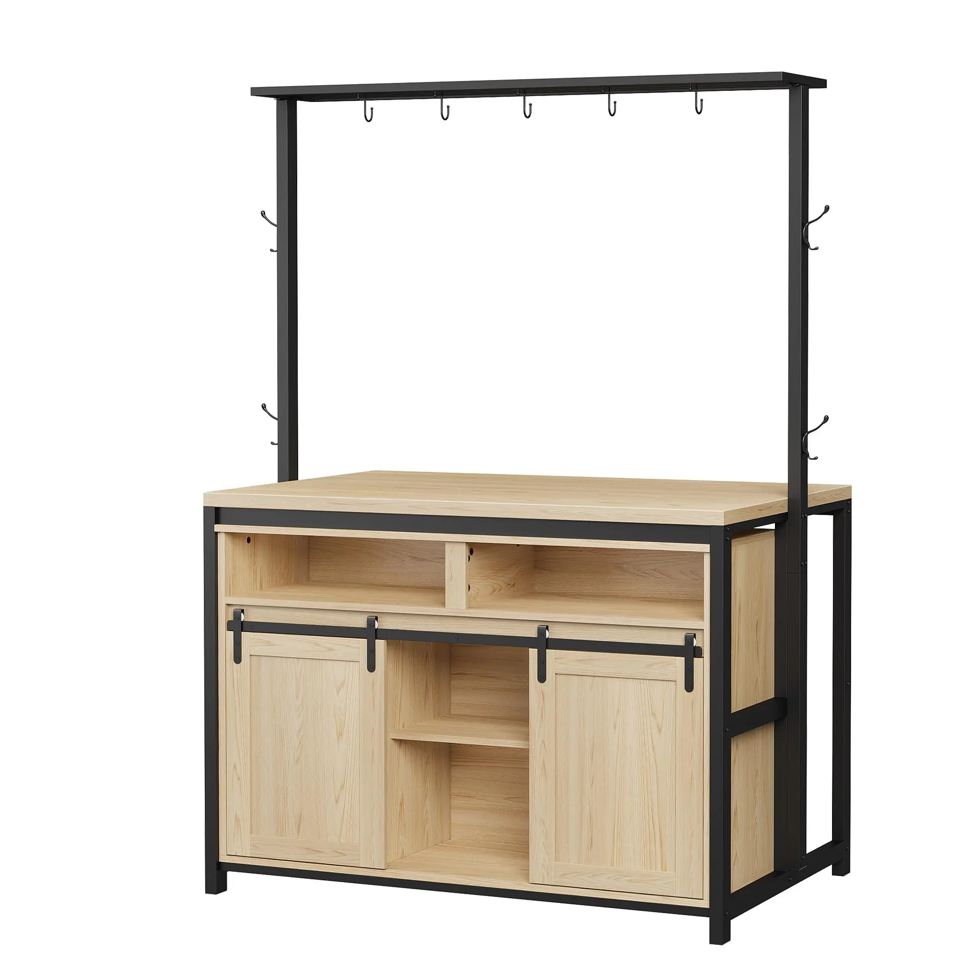 42'' Wood Kitchen Island, Large Island Table with Power Outlet, Sliding Barn Door, 3-Tier Storage Shelves & 9 Hooks for Kitchen Dining Room, Farmhouse Style