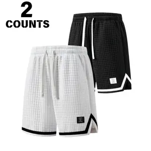 Men’s waffle-textured athletic shorts, pack of 2 — summer casual drawstring shorts with contrast piping