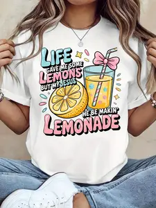 Women's Fun Christian Faith T-Shirt- "Life Gave Me Lemons, But Jesus Made Lemonade" Bible Verse Design with Lemon and Lemonade Print, Breathable Short Sleeve Round Neck Casual Top, Light Yellow Inspirational Christian Clothing