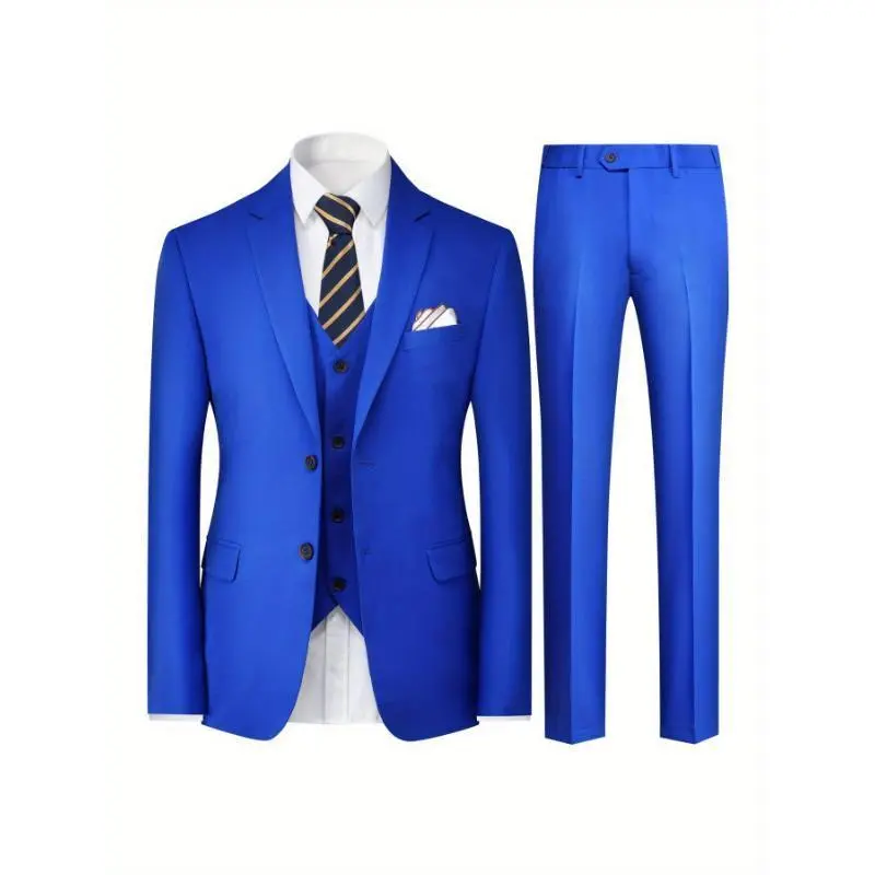 Men's Solid Color Two-Button Business Suit Three-Piece Set, Suit Jacket + Vest + Pants Men's Solid Color Two-Button Business Suit Three-Piece Set, Suit Jacket + Vest + Pants