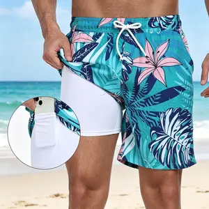 Men's Quick-Dry Beach Swim Trunks, 2-in-1 Swim Shorts with Compression Liner and Phone Pocket, Printed Beach Shorts for Swimming, Surfing, Gym Workouts, Summer Beach Vacations and Outdoor Activities