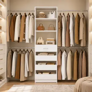 75''-115'' W Adjustable Closet System with 4 Wooden Drawers and 4 Hanging Rods, Modern 4-9FT Walk-in Closet Organizer Wardrobe Rack with Shelves