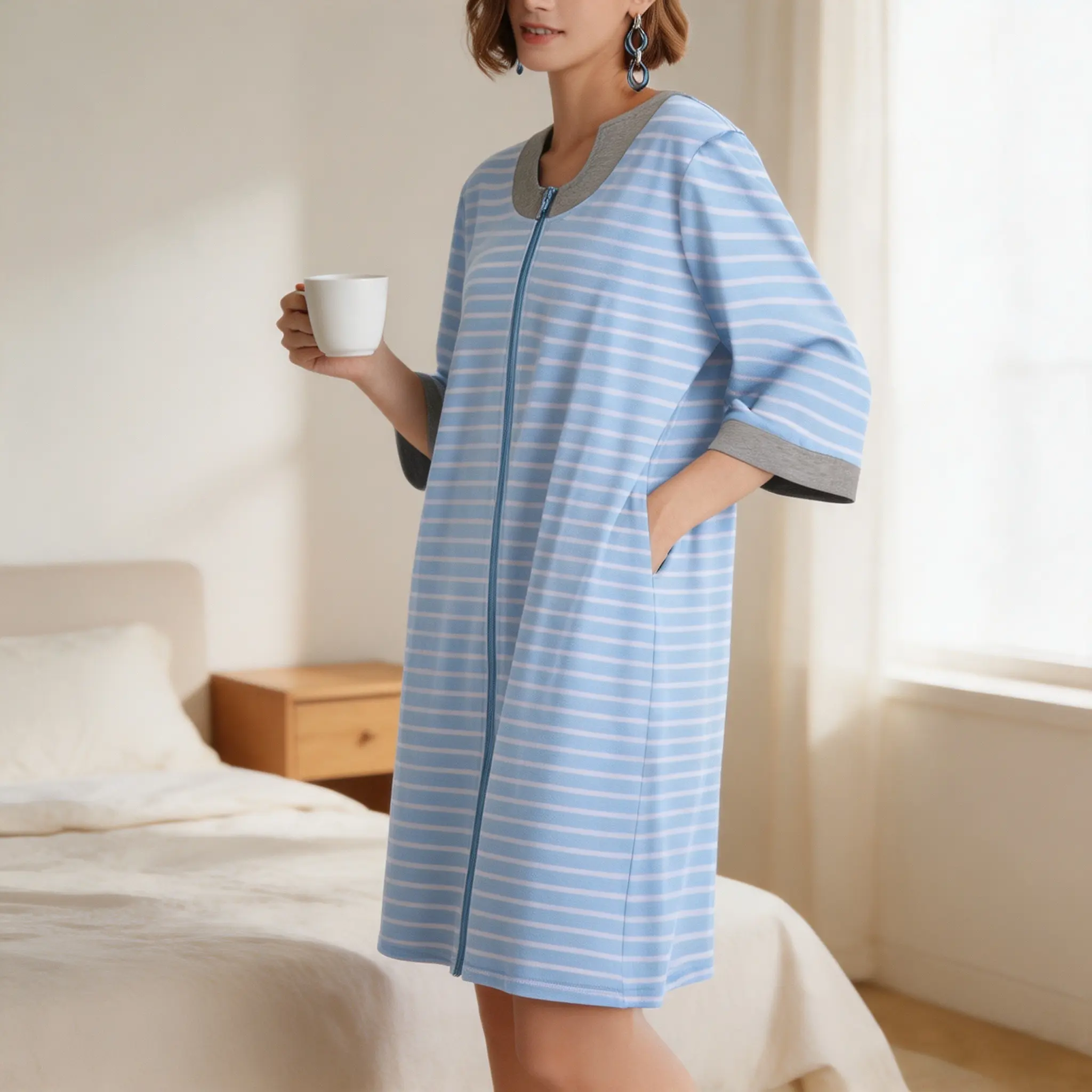 Women’s Zip Up Robe, Lightweight 3/4 Sleeve Bathrobe with Pockets, Soft Knee Length Housecoat for Lounge & Sleepwear