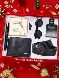 Men's Fashion Business Casual Wallet Set, Includes Wide Belt, Glasses Case, Perfume Keychain, Pen, Greeting Card, Perfect Christmas Gift