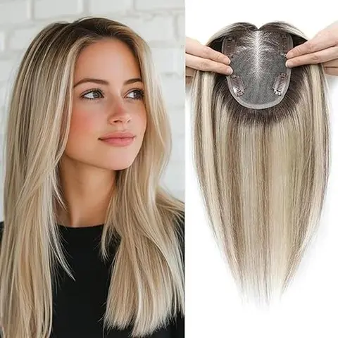12-Inch Human Hair Topper for Women, Natural Straight Anti-Tangle Clip-In Hairpiece, 4x4.7-Inch Breathable Swiss Mesh Base for Thinning Hair, Invisible Hairline Wear, Human Hair Hairpieces, Easy To Wear, Gray Hair Blending