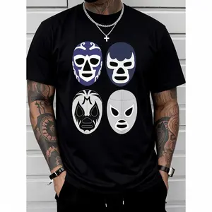 Lucha Libre Wrestling Tee 100% Cotton Crew Neck T-Shirt with Geometric Mask Design for Men Casual Running Training Hiking All Seasons Top Black Shortsleeve Menswear Crewneck Tropical