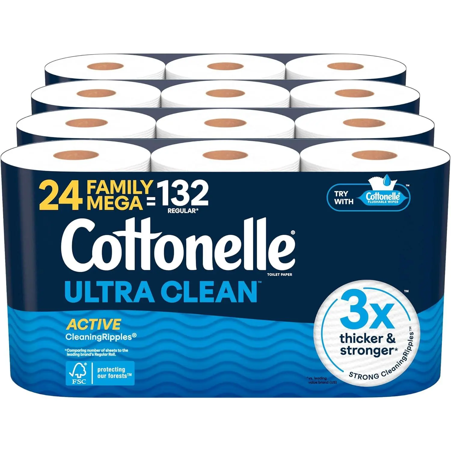 Household Cleansing Paper, Family Mega Rolls with Active Textures, Ultra-Thicker Strong Long-Lasting Sheets, 353 Sheets per Unit, 24 Units (4 Packs of 6) = 132 Regular Equivalents, Multi-Use Kitchen-Bathroom Wipe Alternative
