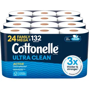 Ultra Clean Toilet Paper with Active CleaningRipples Texture, Strong Bath Tissue, 24 Family Mega Rolls = 132 Regular Rolls (4 Packs of 6)
