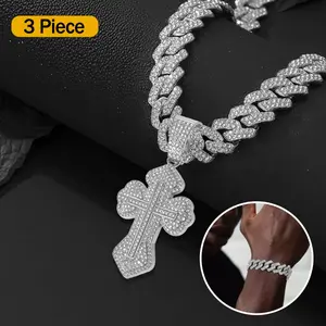 2 3 PCS Unisex Cross Cuban Link Necklace Iced Out Double Layer Pendant Hip Hop Streetwear Jewelry Sparkling Chain Daily Party Wear