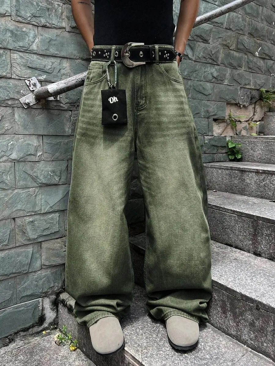 Manfinity EMRG Green Denim Wide Leg Men's Jeans Long With Zipper Detail For Avant-Garde Post-Apocalyptic Fashion Grunge Pants Men