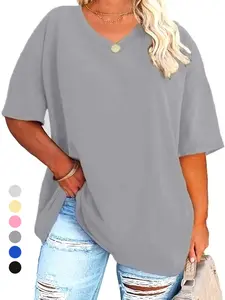 【Plus Size】 Solid V Neck Tee, Casual T-shirt for Summer, Women's Plus Clothing for Daily Wear