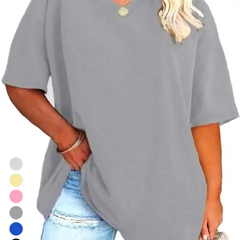 【Plus Size】 Solid V Neck Tee, Casual T-shirt for Summer, Women's Plus Clothing for Daily Wear, Casual T Shirts