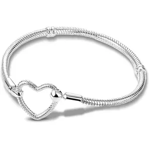 925 Sterling Silver Snake Chain Bracelet,Compatible with Pandora Charms Pendant,Heart Shape Bracelet Clasp for Womes Jewellery Gift