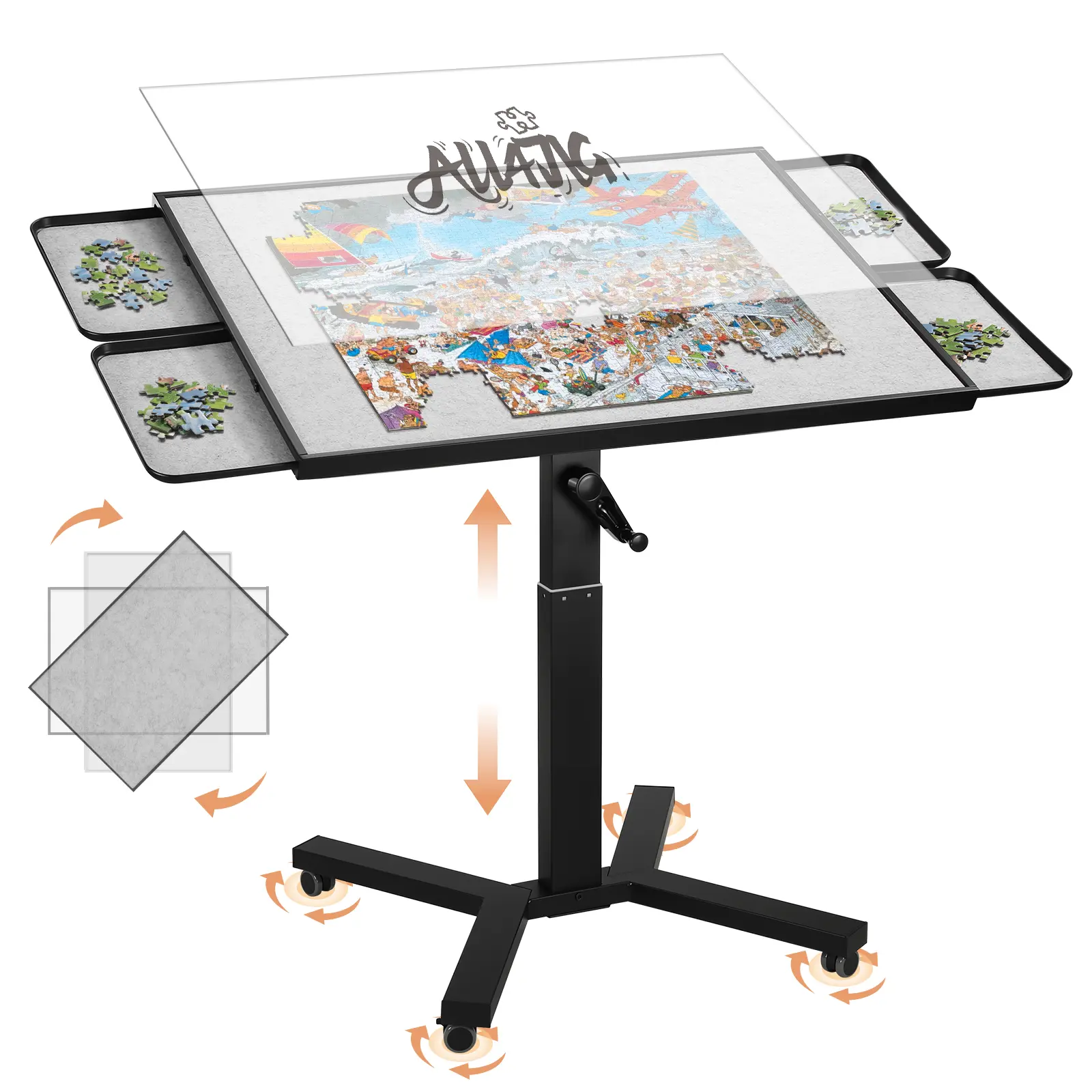 ALL4JIG 1500 Pieces Metal Jigsaw Puzzle Table, 24.92"x33.43", Tilting&Rotating Jigsaw Puzzle Board with 4 Drawers&Cover, Adjustable Height Puzzle Table with Hand Crank, for Lego Building, Gift for Mom