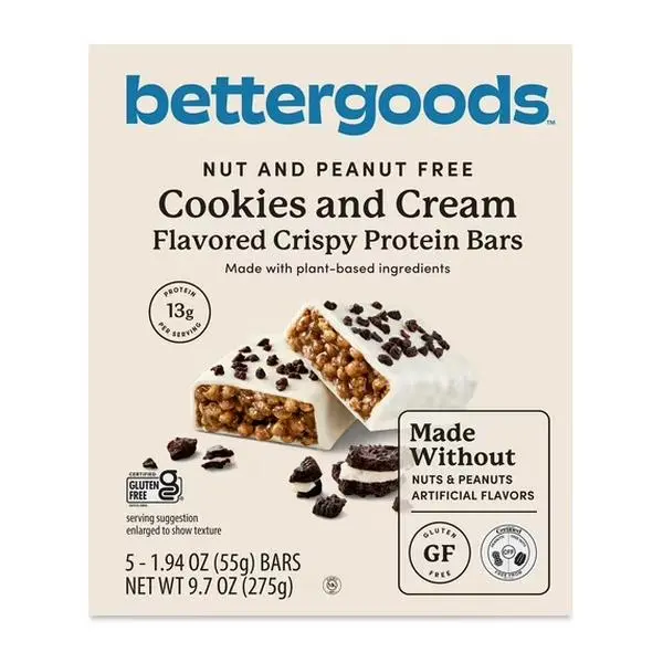 Bettergoods Cookies and Cream Flavored Crispy Protein Bars 9.7 oz, 5 Count