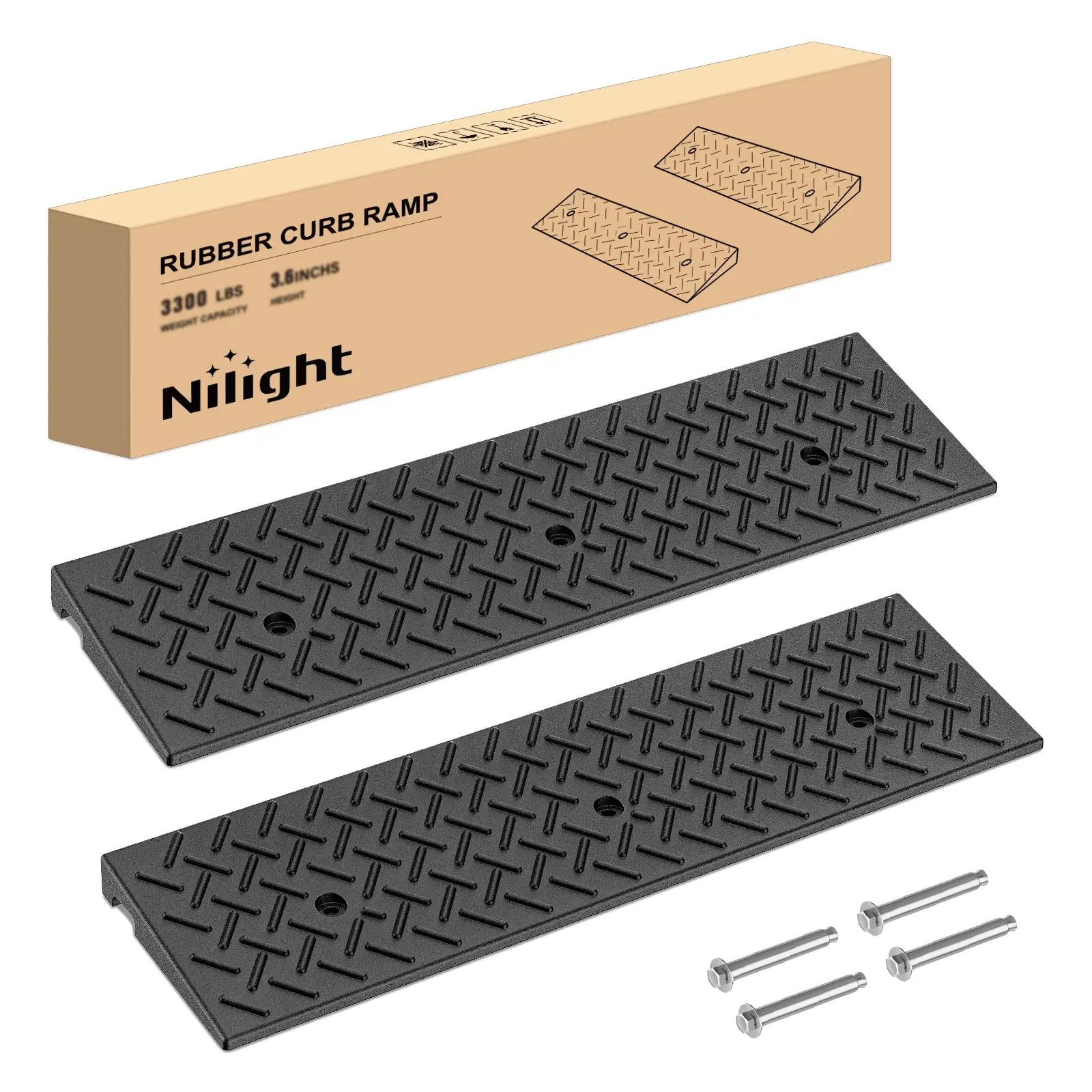 Nilight 1.6In Heavy-Duty Rubber Curb Ramps (Pair) - 6600lbs/Pair Load Capacity, Textured Anti-Slip Surface, Pre-Drilled Hollow Grid Structure for Garages, Driveways, Doorway Transitions