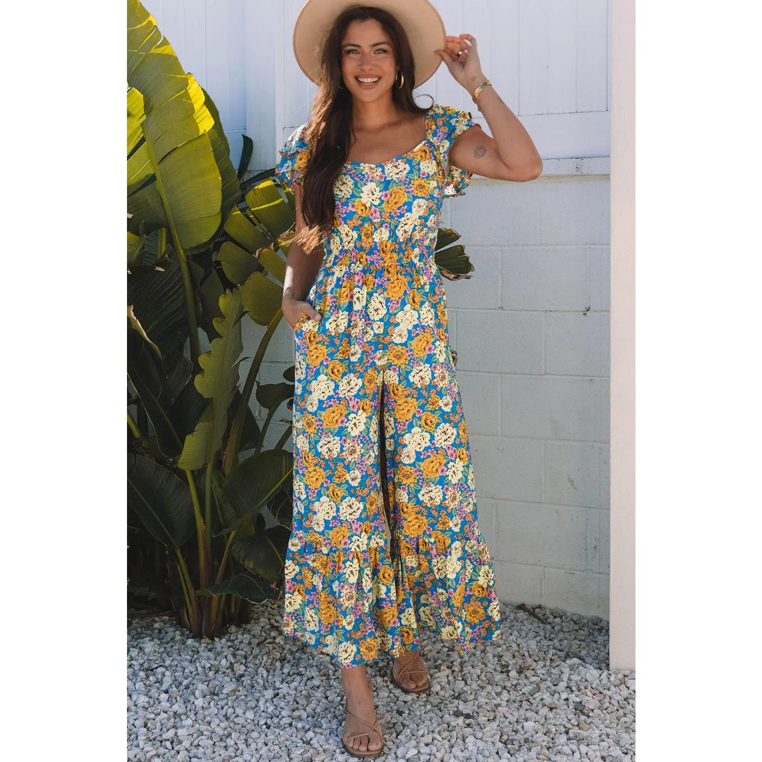 Amayah Allover Shirred Cut Out High Waist Jumpsuit