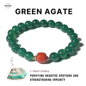 Natural Green Agate Bracelet 8mm Bead Inch Healing Crystal Quartz Energy Chakra Jewelry Women's Birthday Gift for Heart Chakra Purifying Negative Emotions and Strengthening Immunity