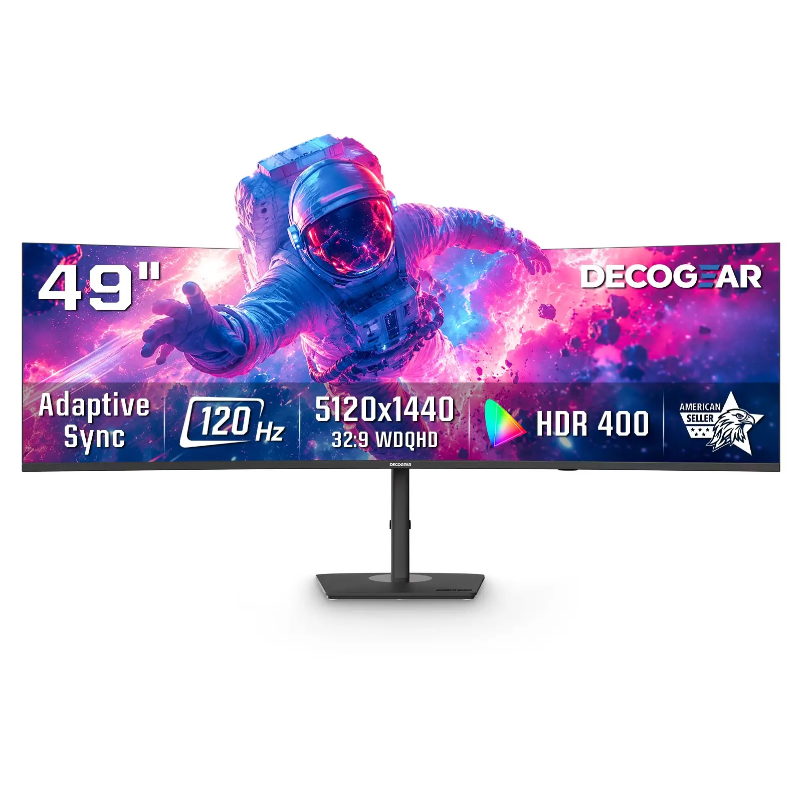 Deco Gear 49” Curved Ultrawide Dual-QHD Monitor, 5120 × 1440 Resolution, 120Hz, 1ms, USB-C 65W Power Delivery, Built-In KVM Switch, HDR, Adaptive Sync