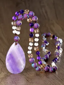 Women's Natural Amethyst Stone Pendant Necklace - Elegant Fine Jewelry Accessory with Bead Array, for Daily Wear