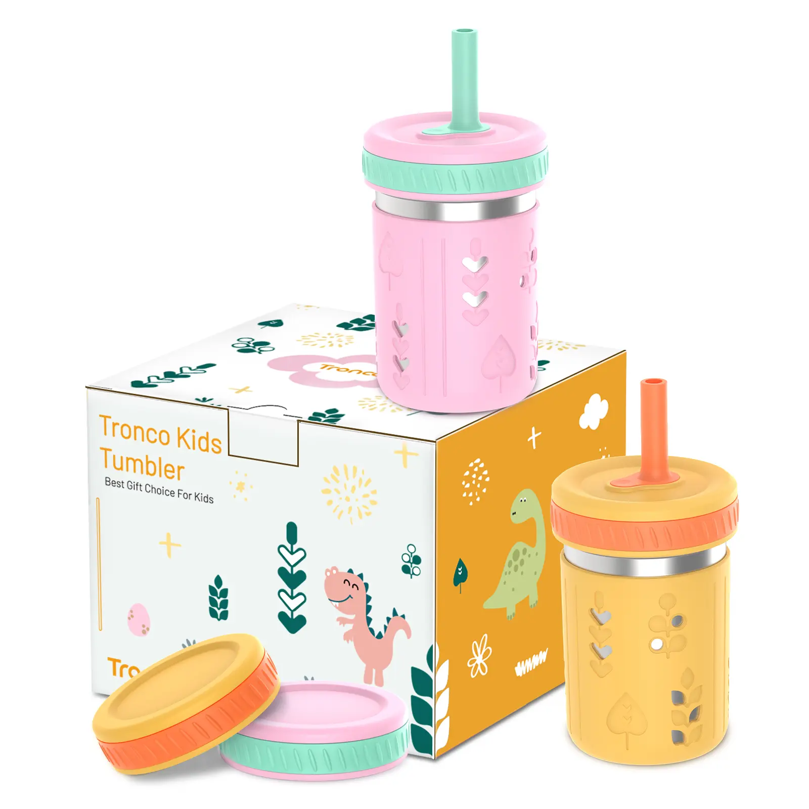 Tronco Stainless Steel Sippy Toddler Cups, 10 oz Mason Jar Kids Smoothie Cups with Silicone Sleeves , BPA-Free, Dishwasher Safe, Snack Cup for Toddlers