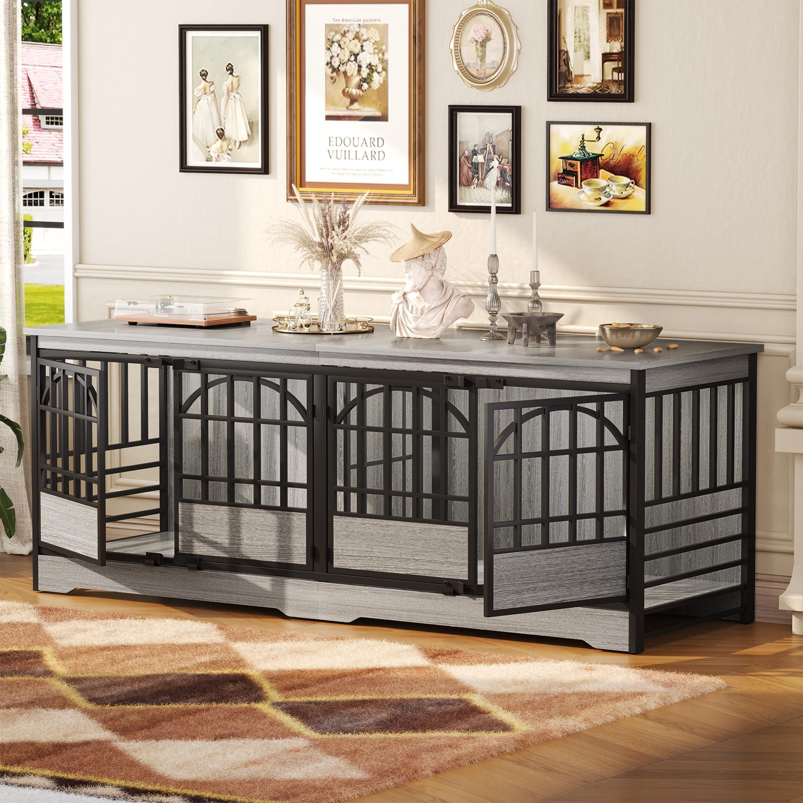 COZPAW 86 Inch Double Dog Crate Furniture for 2 Dogs, Decorative Dog Kennel Indoor TV Stand, Heavy Duty Wooden Dog Cage for Large Medium Dogs Sized Dog Pet House with Divider (Brown)