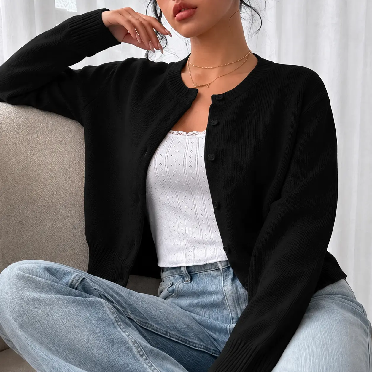 Women's Cropped Cardigan Sweater, Lightweight Knit Crew Neck Button Down Long Sleeve Bolero Shrug, Soft Breathable Layering Top for Dresses, Casual Office & Everyday Wear