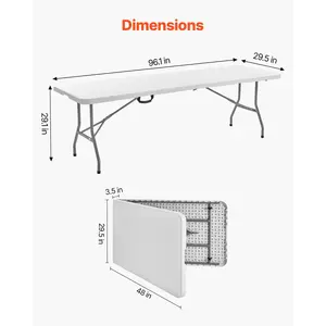 VEVOR Folding Table, 8 Ft Heavy Duty Portable Fold-in-Half Utility Table, Indoor Outdoor Plastic Rectangle Table with Built in Handle, for Party, Dining, Wedding, Events, Picnic, Camping, White