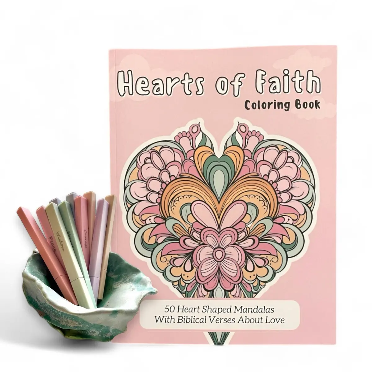 Hearts of Faith Coloring Book + 10-Pack Pastel Square Highlighters Bundle  - Christian Relaxation & Bible Study Tool