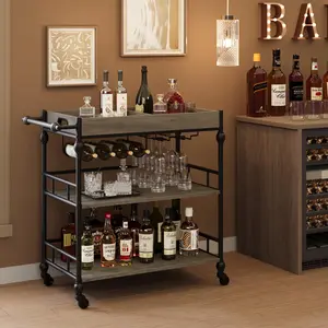 Garvee 3-Tier Metal Bar Cart with 4 Wheels, Removable Tray, and Wine Rack - Versatile Home Service Cart and Stylish Bar Cart for Serving and Storage