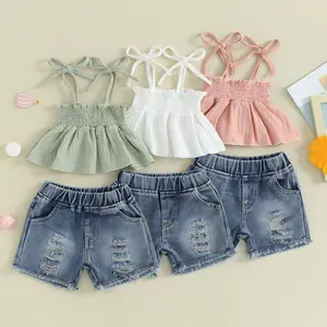 Afunbaby Kids Baby Girls Summer Clothes Set Tie-up Pleated Camisole with Ripped Denim Shorts Summer 2pcs Outfits Set