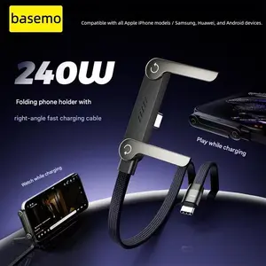 Basemo Invisible Holder Charger Cable with Stand, 240W Super-Fast Charging 2‑in‑1 Fast Charging Cord & Phone Stand for Gaming, Office, Car Travel, Compatible with iPhone/Samsung Type‑C Charging Cable, Black