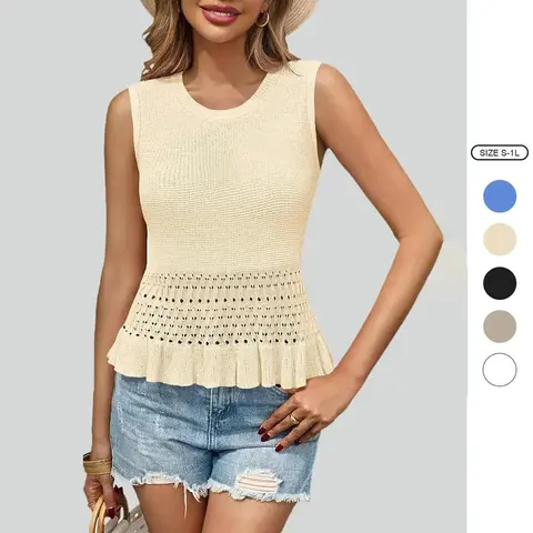Imily Bela Womens Crochet Crop Tank Tops Sleeveless Crew Neck Ruffle Summer Boho Knit Sweater Vest