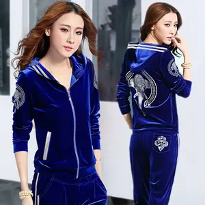 Must-Have 2026 Women's Velvet Tracksuit - Hooded Elephant Embroidered 2 Piece Sportswear Set