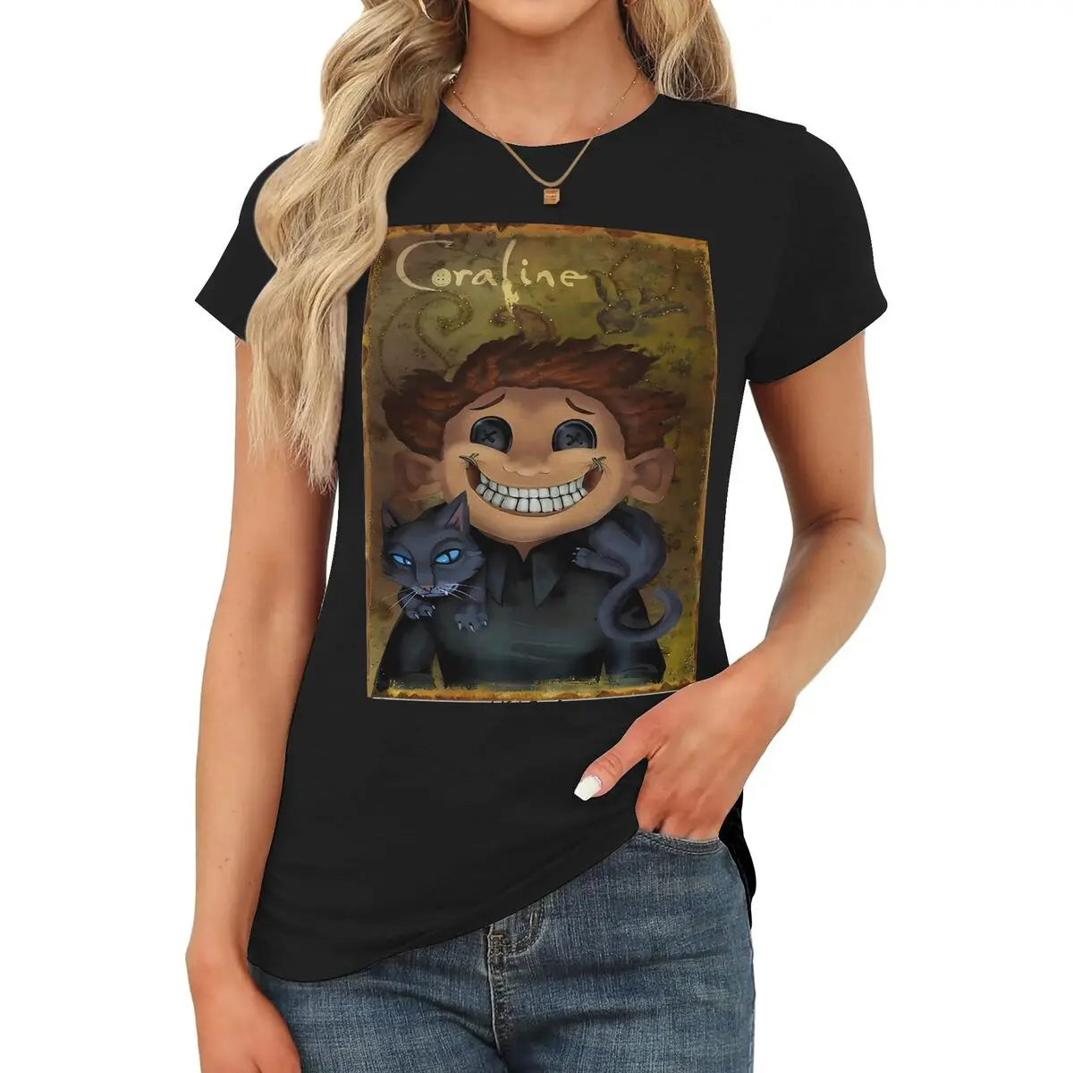 Women's Cute Coraline Graphic Short-Sleeve Cotton Fitted Round Neck T-Shirts - Teacher & Baby-Friendly Style, Simple Casual Summer Tops for Birthday, Party Occasions, Shortsleeve, Comfortable, Graphic Print, Lady, Soft Blend, Thanksgiving, Easter