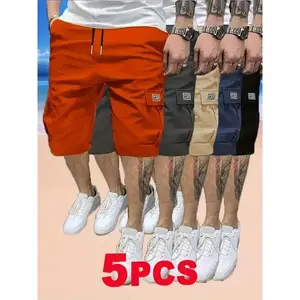 5pcs Men's Cargo Shorts - Multi-Pocket Durable Fabric, No-Bounce Breathable Design, Solid Color Casual Workwear Style for Summer & Casual Attire
