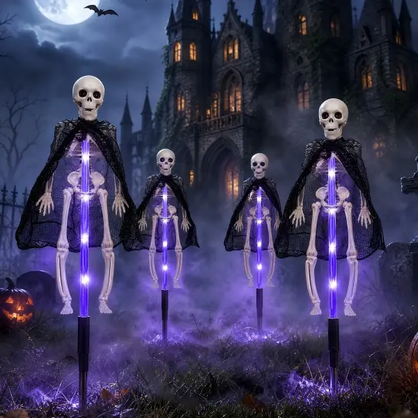 4-Pack Halloween Solar Skeleton Outdoor Decor Stakes, Realistic Photobooth Props with Purple Glow LEDs, Ornaments for Lawn, Patio & Grave Halloween Party Display