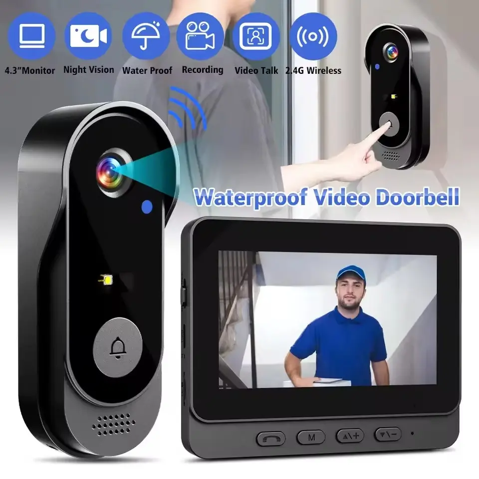 Wireless Video Doorbell with 4.3 Inch Color Screen, Night Vision, Waterproof Design, Long Battery Life, Supports Video Call & Two-Way Audio, Video Intercom
