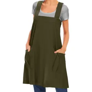 Women's Cotton Cross Back Apron Pinafore Dress with Big Pockets Loose Square Apron for Baking Cooking Gardening Split Hem No Tie