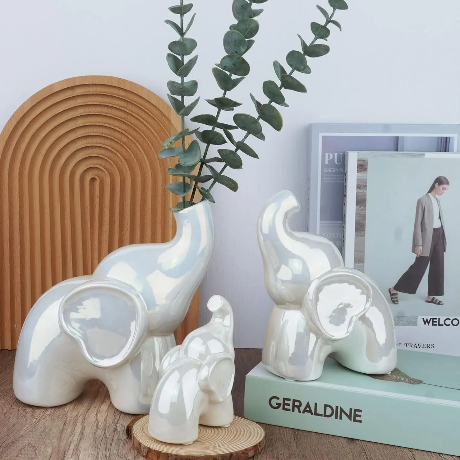 Oilisi Ceramic Vase,Pearlized Elephant Statues Flower Vase Set for Home Decor for Entry-Porch Bedroom Dining Room Living Room Centerpieces or Office Desk