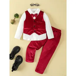 Boys' 3-Piece Gentleman Outfit Set - Long Sleeve Dress Shirt With Bow Tie + Velvet Vest + Pants, Perfect For Christmas, Birthday, Banquet, Parties - Party Style Outdoor