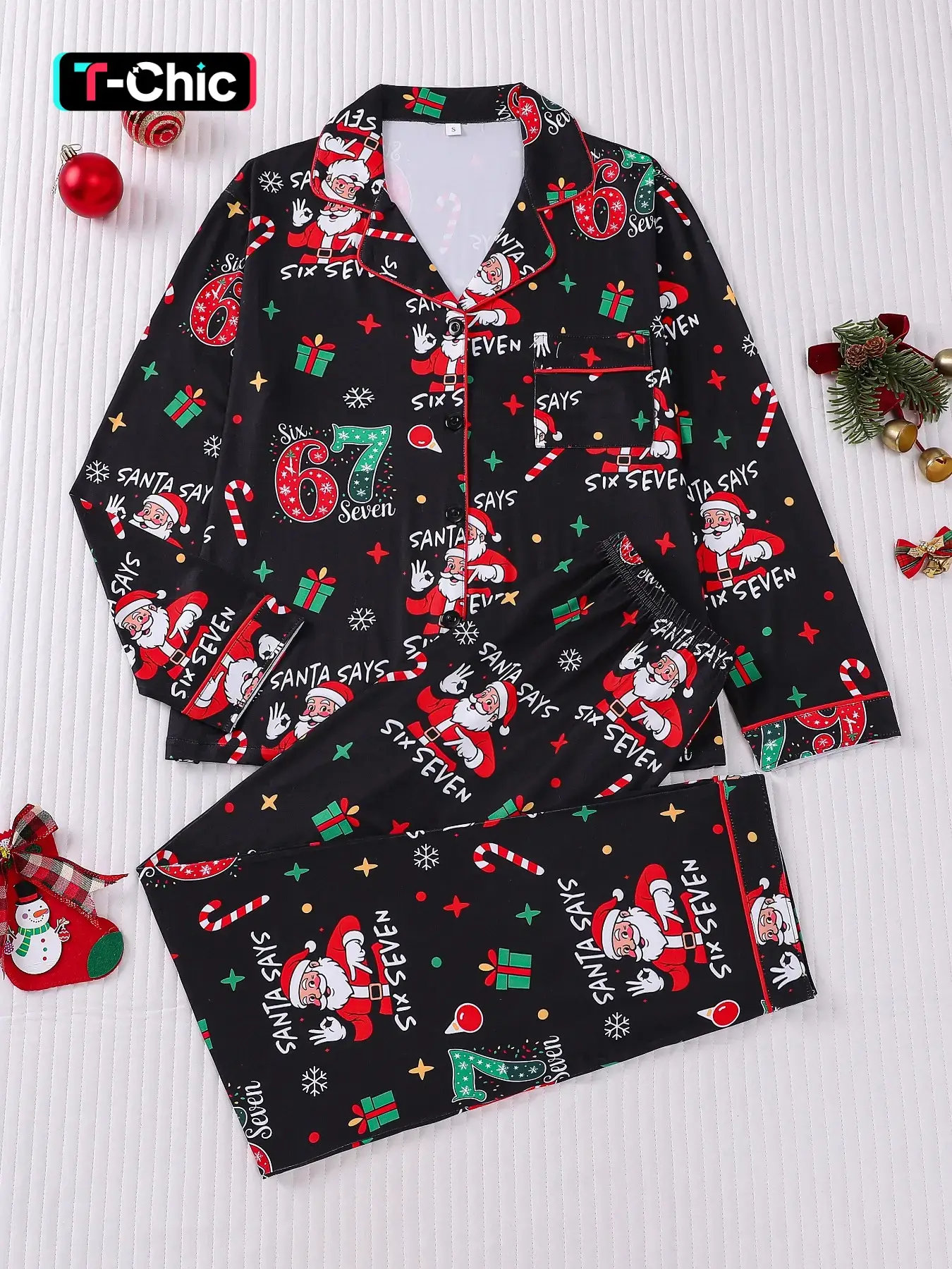 Women's Christmas Santa Star Gift Box Snowflake Letter Number Cane Print Long Sleeve Pajama Pants Set, Soft Comfortable Elastic Casual Aesthetic Loungewear Sleepwear