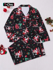 Women's Christmas Santa Star Gift Box Snowflake Letter Number Cane Print Long Sleeve Pajama Pants Set, Soft Comfortable Casual Loungewear Sleepwear
