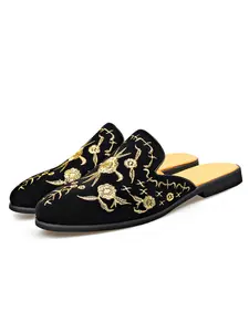 Men's Vintage Slip-On Mules, Velvet Gold Thread Embroidery, Soft Sole Anti-Slip Outdoor Shoes, Sizes 38-48, Spring Summer New Arrival