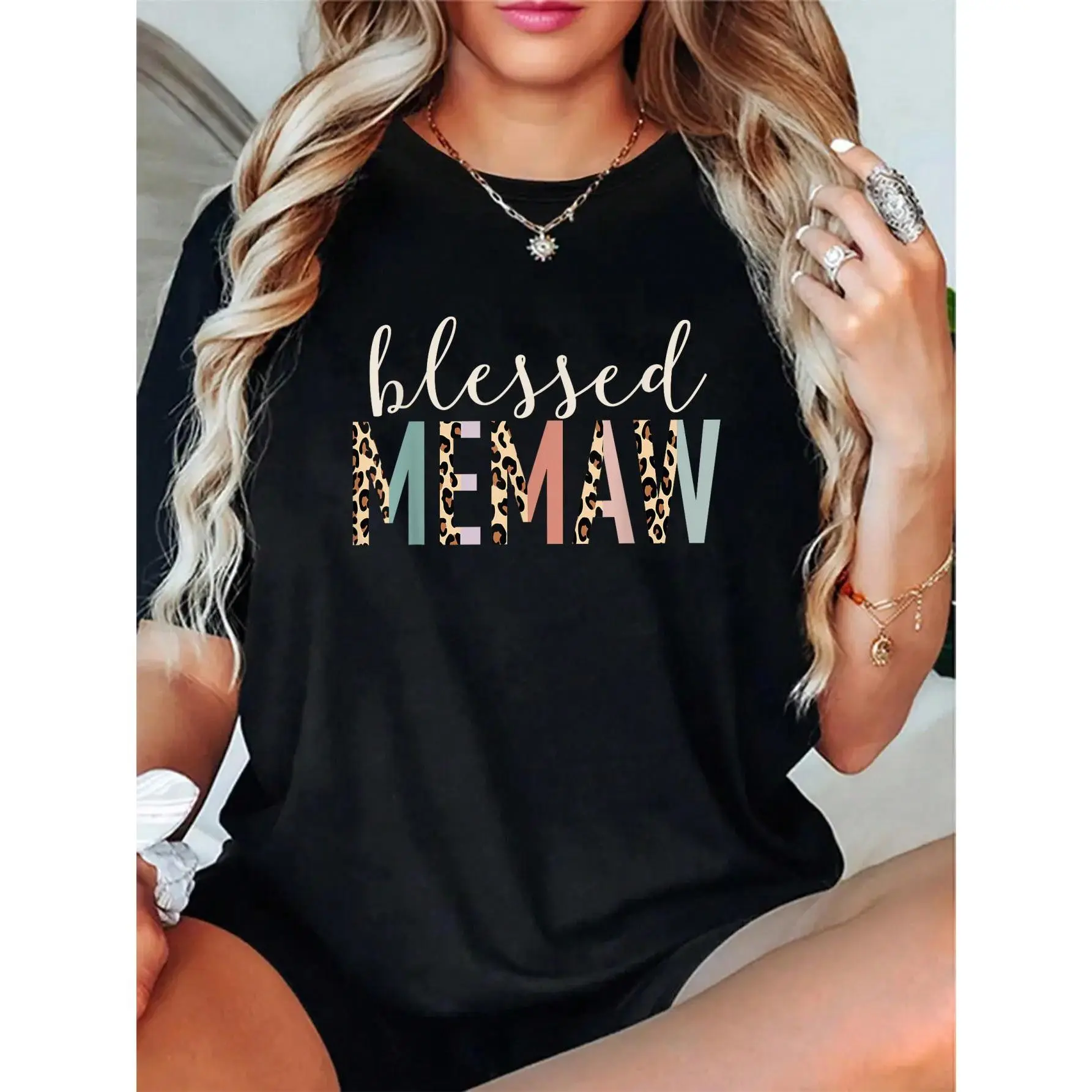 Women's 100% Cotton Short-Sleeve "Blessed Memaw" Leopard Print T-Shirt - Round Neck Digital Print Streetwear, Soft Breathable Fabric, Relaxed Fit Everyday Style All-Season Casual Top