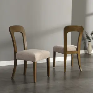 Dining Chairs Set of 2, Upholstered Kitchen Side Chairs with Beige Fabric Seating Light Brown Solid Rubber Wood Legs, 330 LBS Weight Capacity